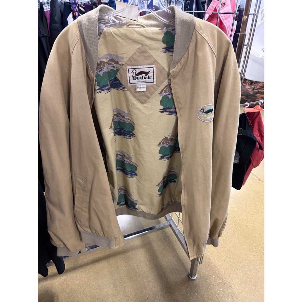 Vintage Duxbak Mens Tan Cotton Bomber Jacket Scenic Mountain Print Lining Medium